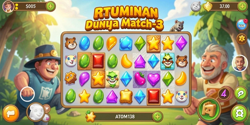 Tangkapan layar menunjukkan gameplay seru ATOM138 dengan elemen match-3.