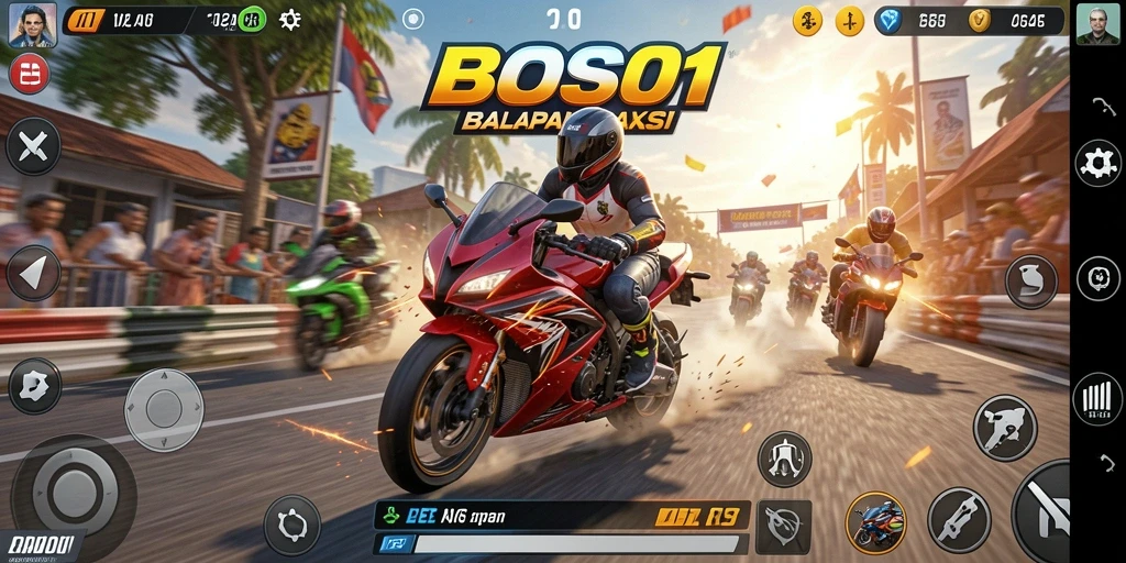 Screenshot gameplay BOS01 menampilkan balapan motor yang intens.