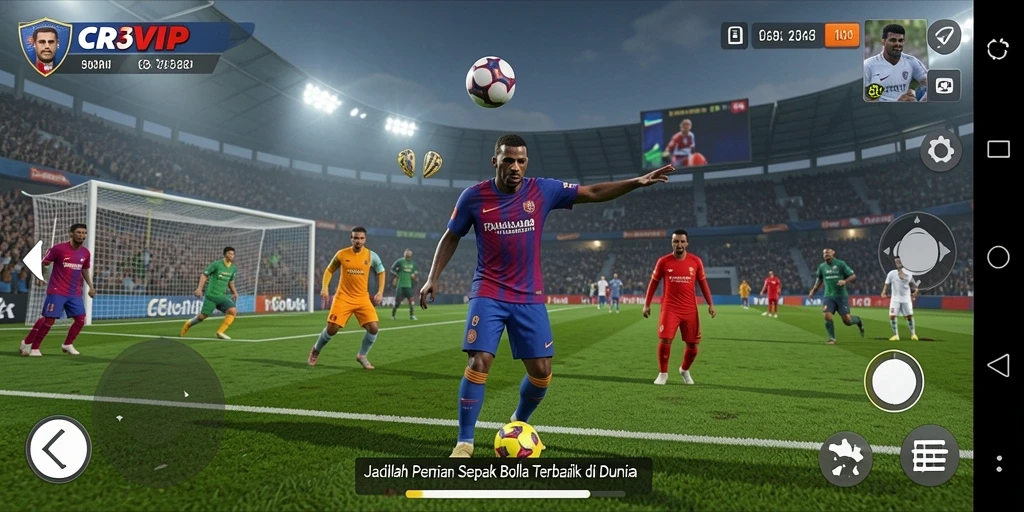 Screenshot gameplay CR7VIP menampilkan aksi seru dalam pertandingan sepak bola.