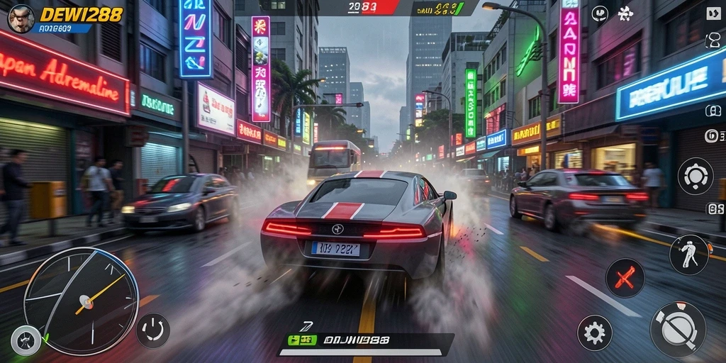 Tampilan gameplay menegangkan DEWI288 dengan aksi balapan penuh kecepatan.