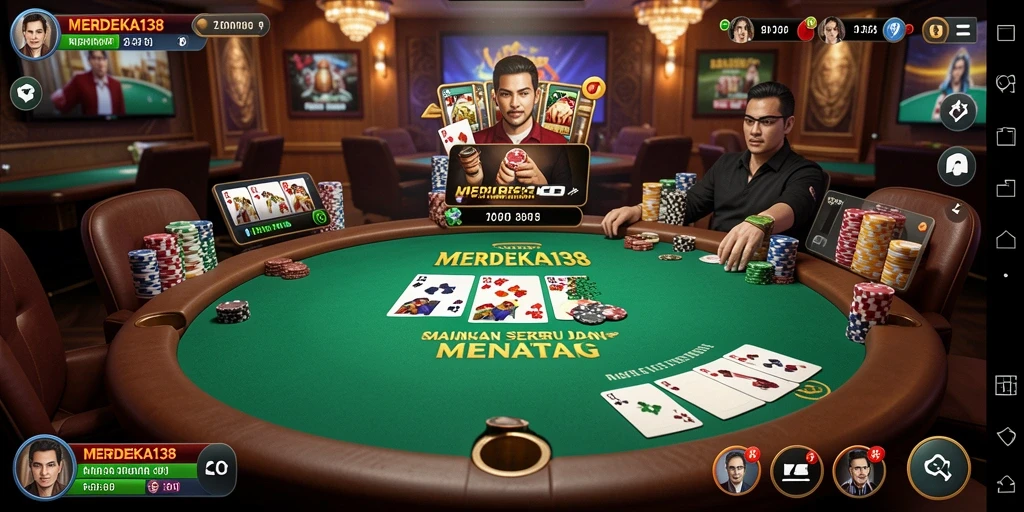Screenshot gameplay <strong>MERDEKA138</strong> dengan suasana poker yang menarik.