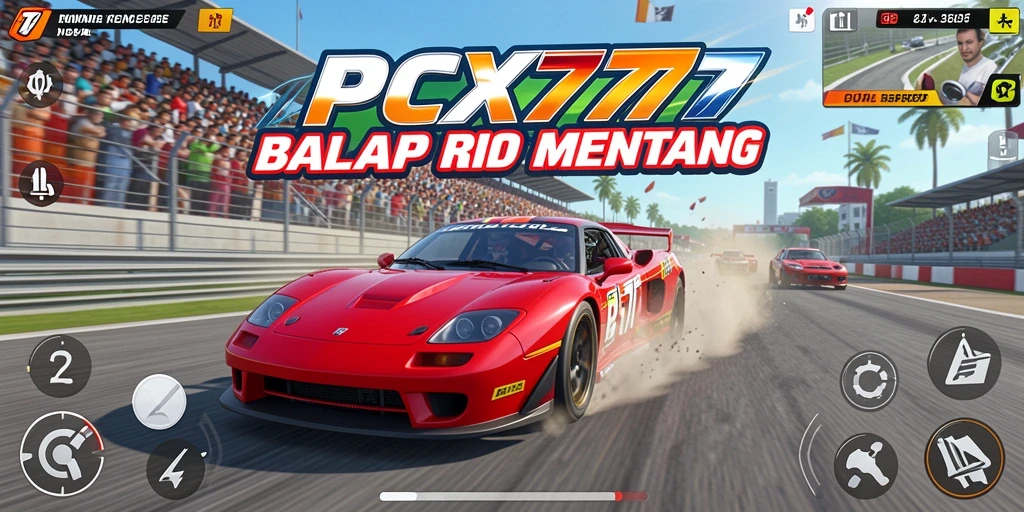 Screenshot utama PCX777 menampilkan balapan mobil yang mendebarkan.