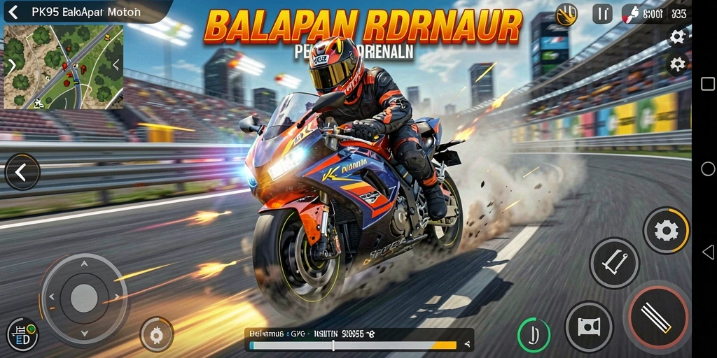 Tampilan gameplay PK95 dengan motor balap yang memukau di trek menantang.