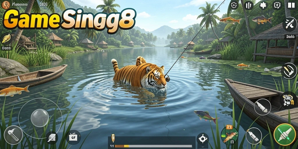 Tampilan gameplay seru SINGA8 saat menangkap ikan.