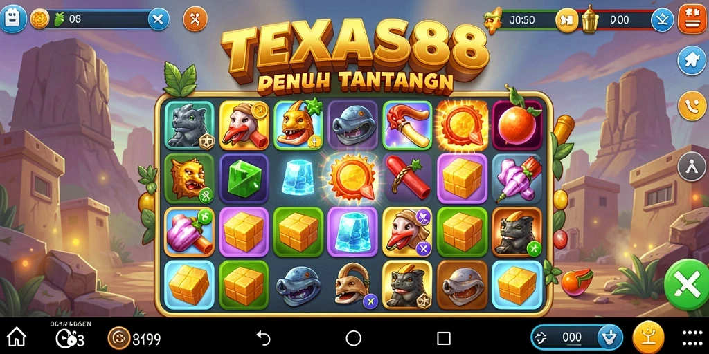 Tampilan gameplay TEXAS88 dengan berbagai permata cerah.